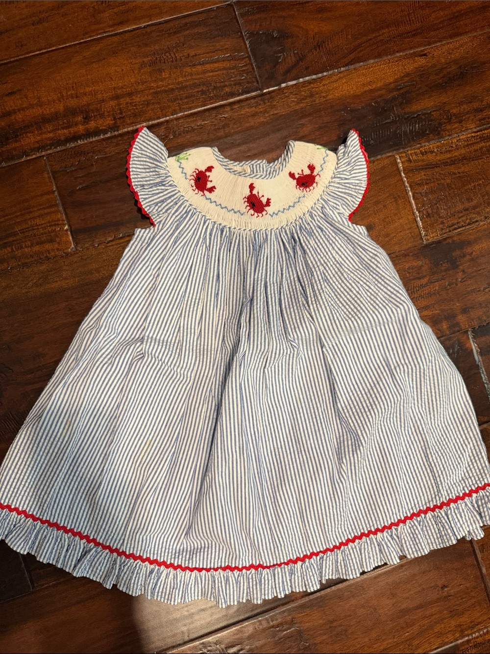 Girls Blue Striped Smocked Dress with Red Crab Embroidery
